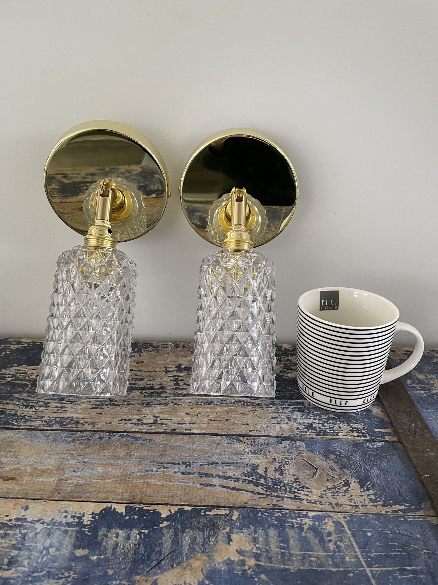 Pair of vintage electrified glass wall lamps
