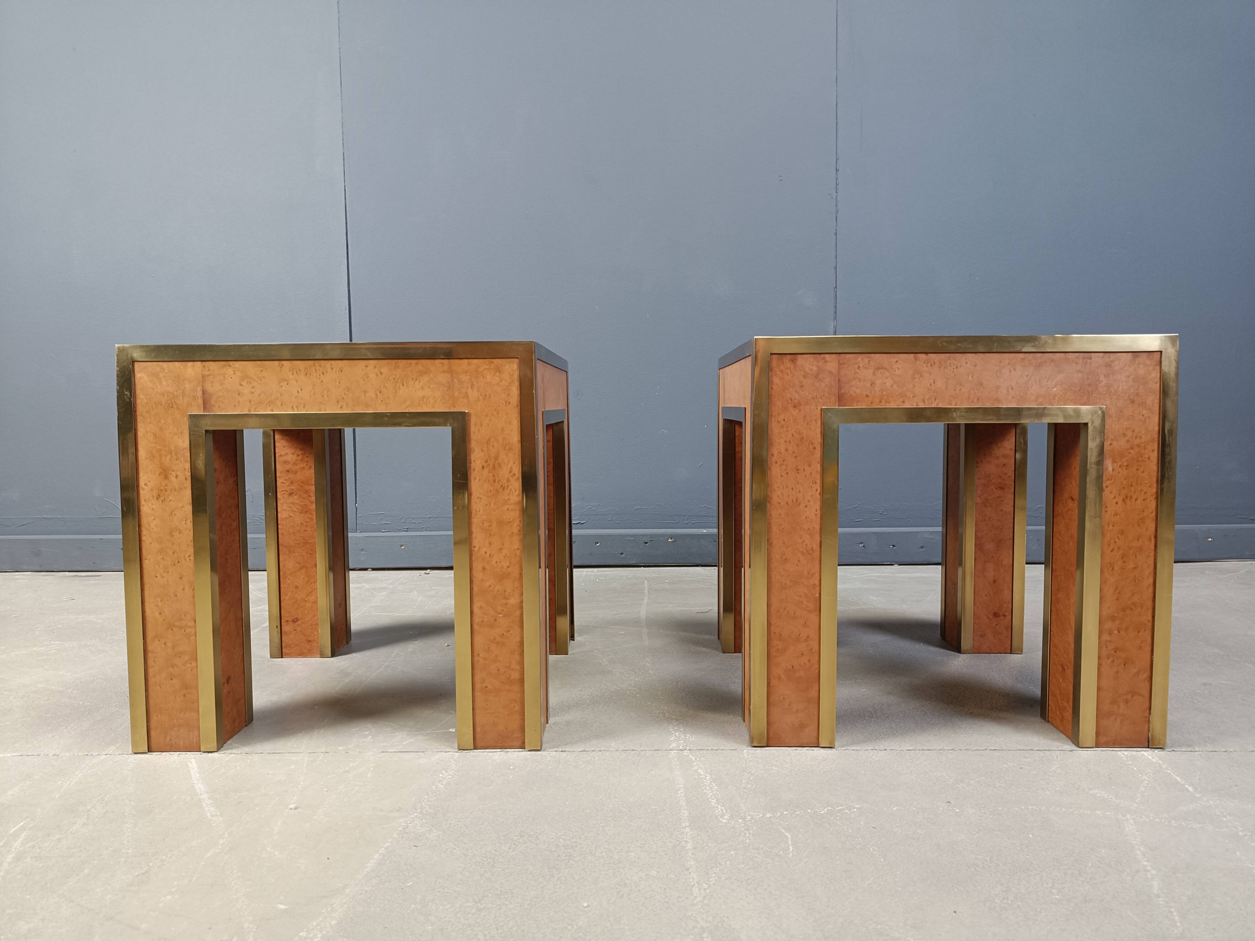 Pair of brass and burl wood side tables, 1980s