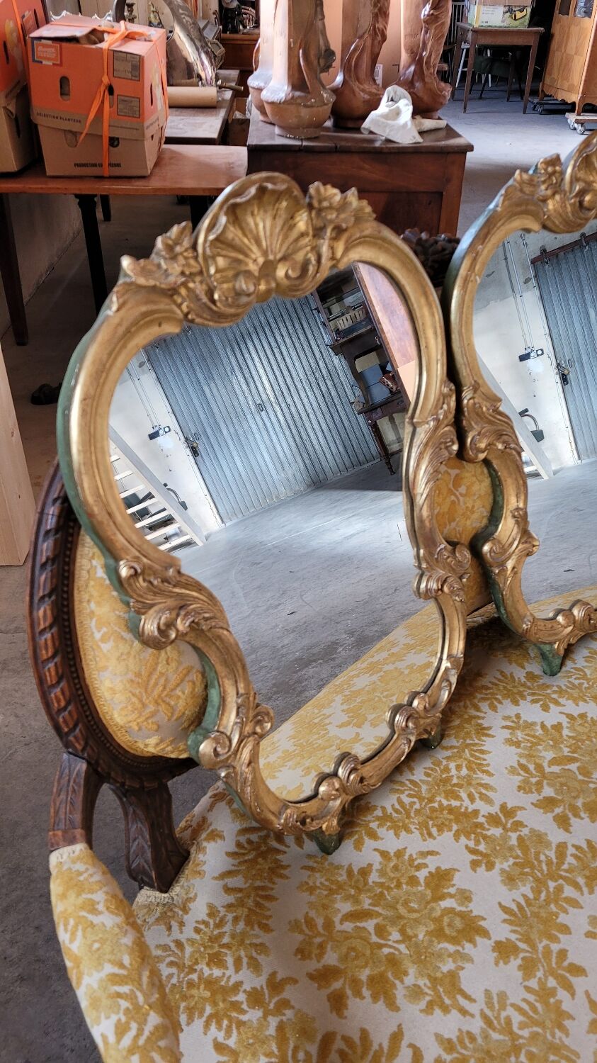 Pair of mirrors style louis xv rocaille in gilded wood carved 1900