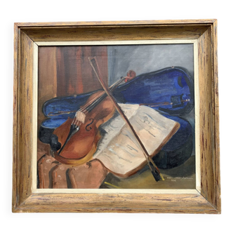 Oil on canvas still life with violin signed and dated