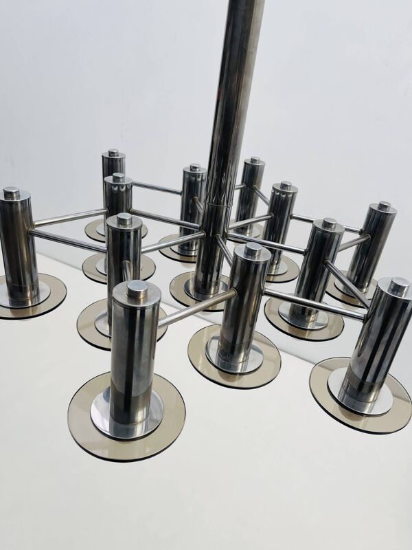 Pair of Large Chromed and Smoked glass chandelier