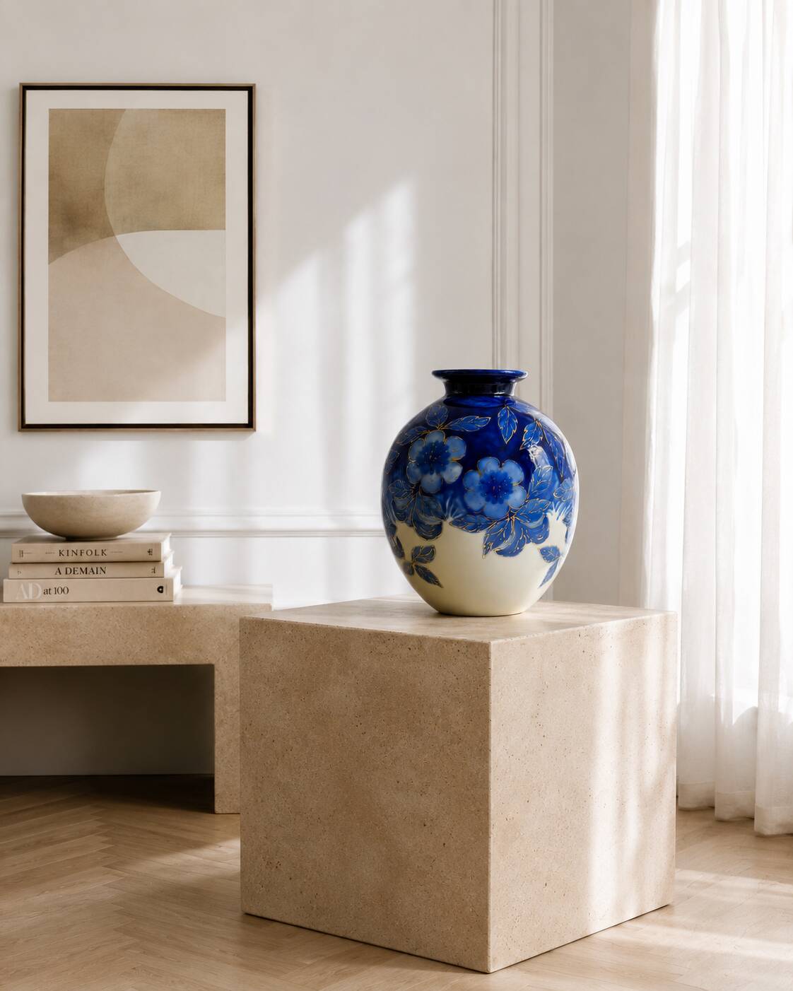 Large Tharaud Limoges vase in cobalt blue porcelain with floral decoration.