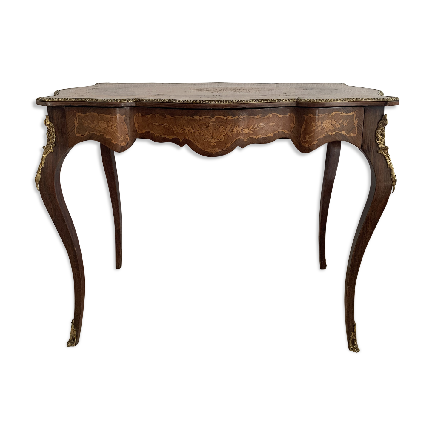 Table d'appoint vintage bois marqueté et laiton