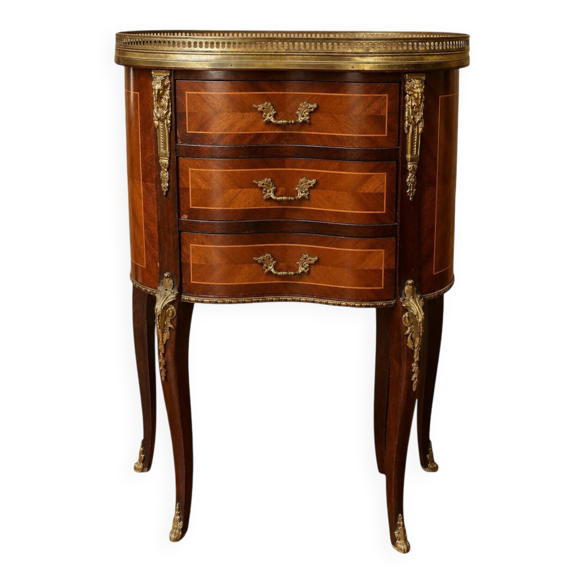 Lady's demi-lune commode in Louis XV style with marquetry and gilded bronze.