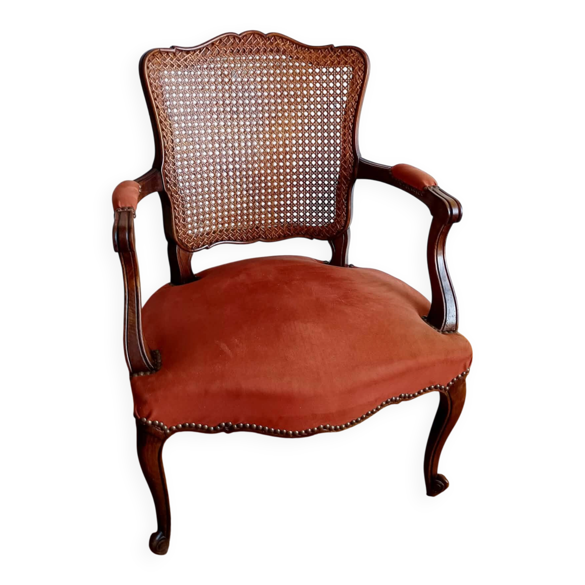 Fauteuil louis XV terracotta et cannage