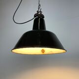 Industrial black enamel factory lamp with cast iron top, 1950s