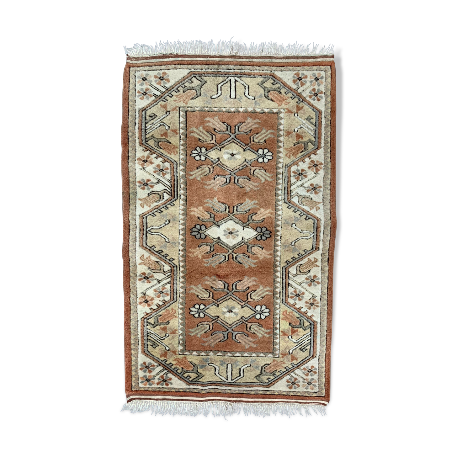 Old Turkish Small Milas Rug 142x85 cm old vintage carpet Ushak Pink Beige Blue