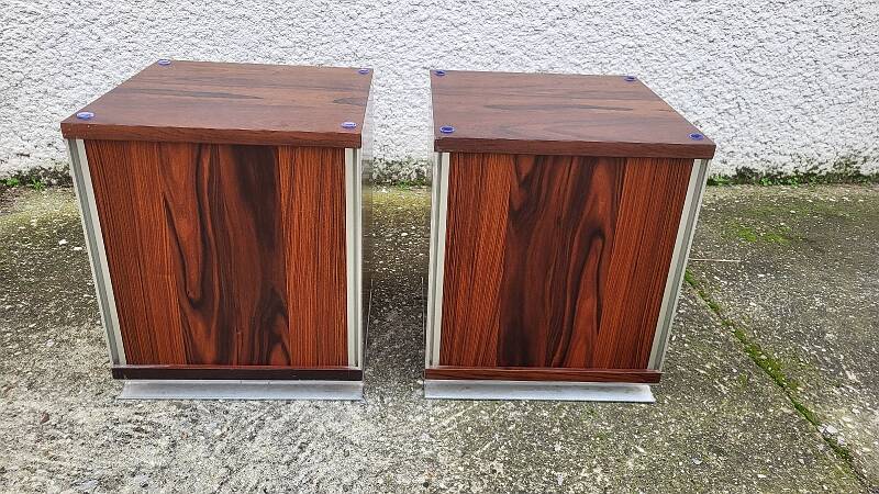 Vintage aluminium and wood bedside tables.