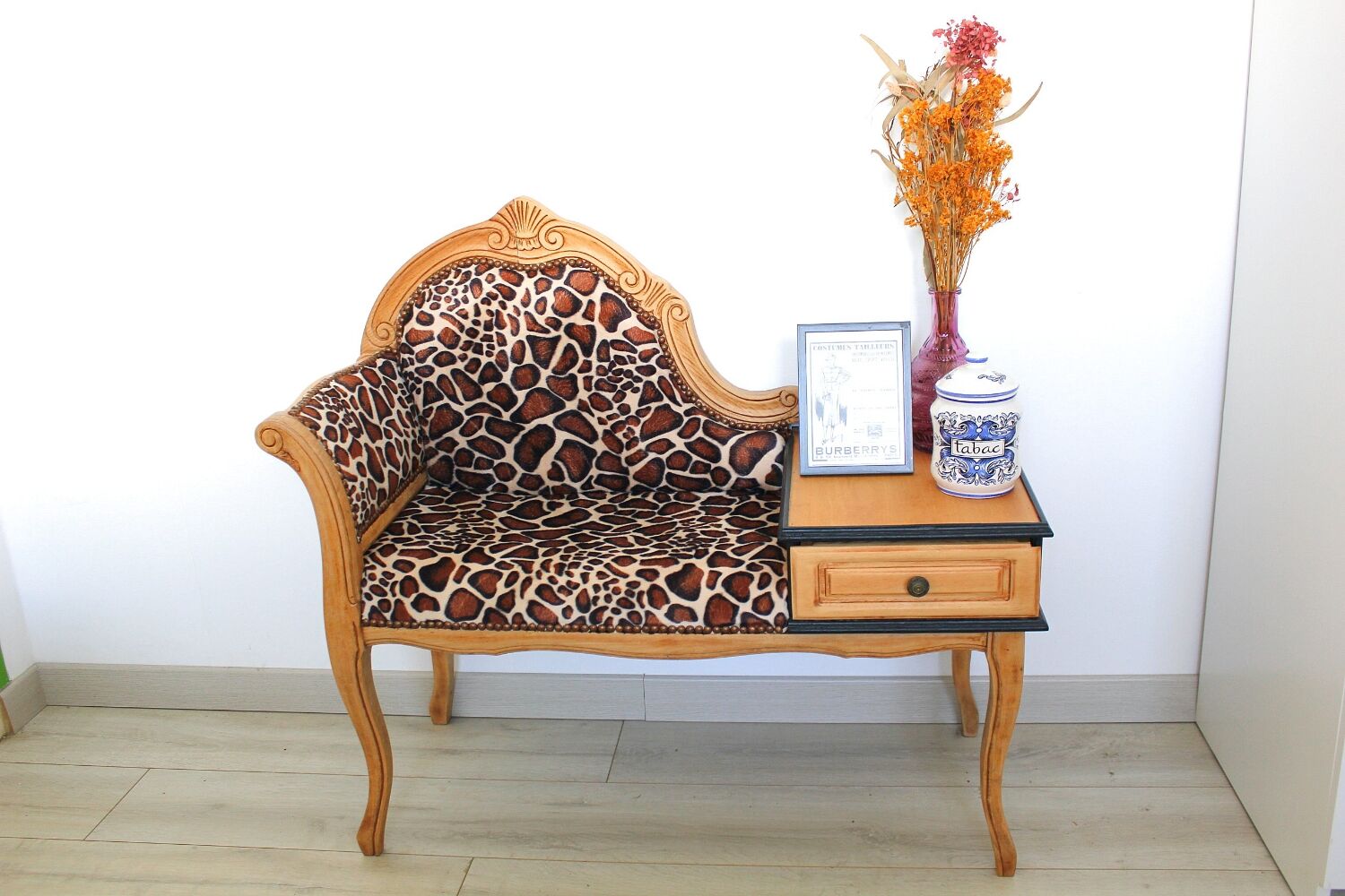 1970s armchair telephone cabinet - leopard giraffe fabric