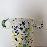 Green blue yellow speckled ceramic vase with abstract wool round handles