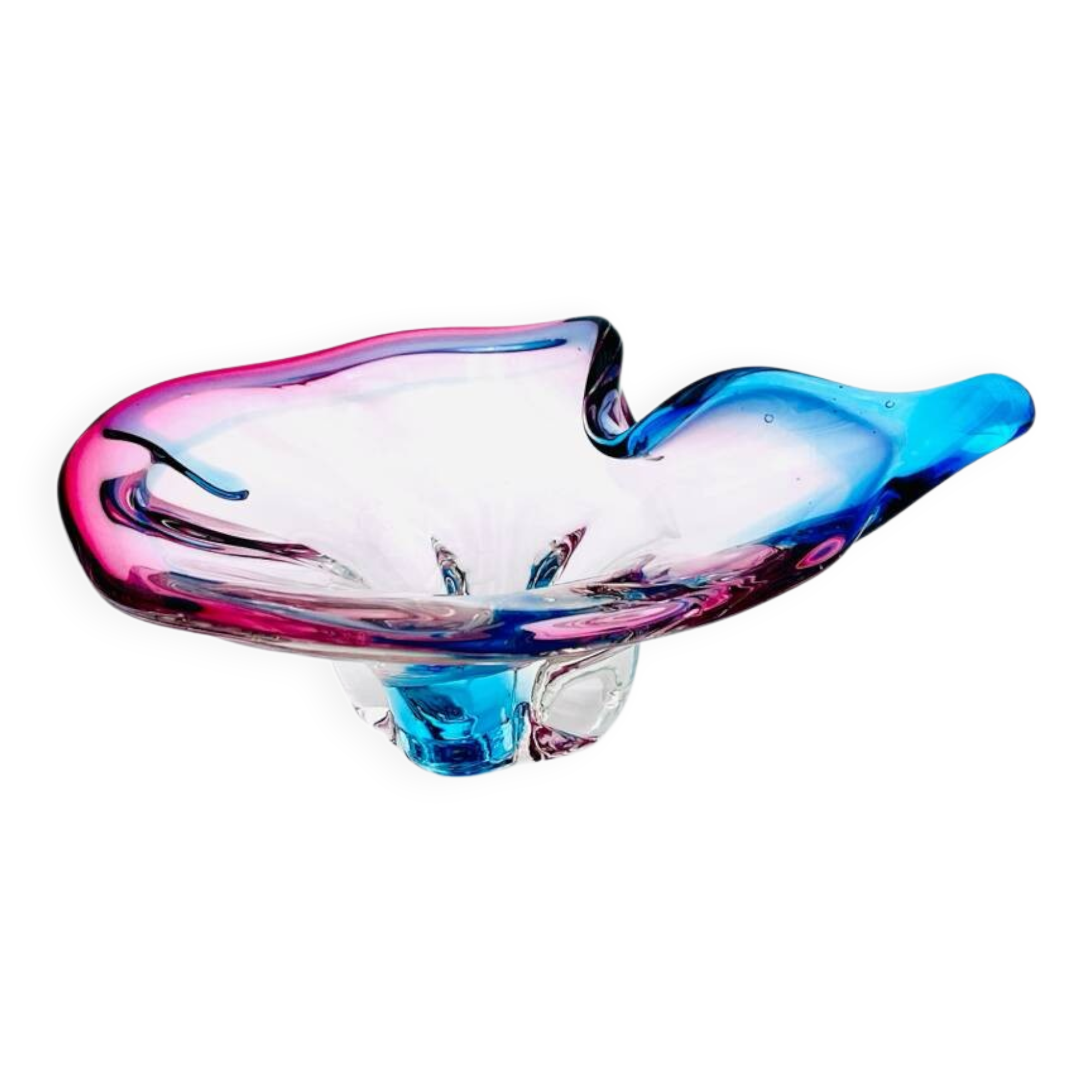 Murano Crystal Sommerso Organic Sculpture Bowl - Blue & Fuchsia