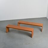Pair of solid pine benches, France, circa 1975