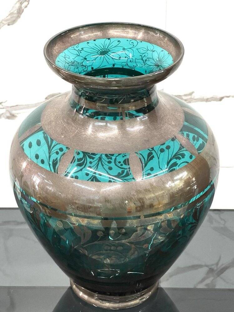 American Art Deco Vase in Glass and Silver Overlay, 1930s