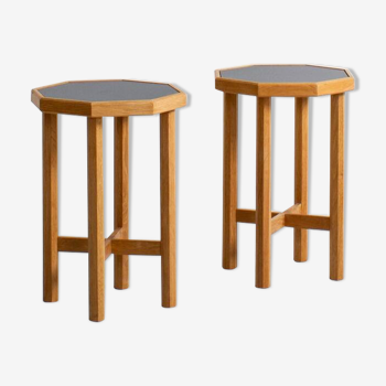 Pair of oak pedestal tables or stools with Fenix laminate