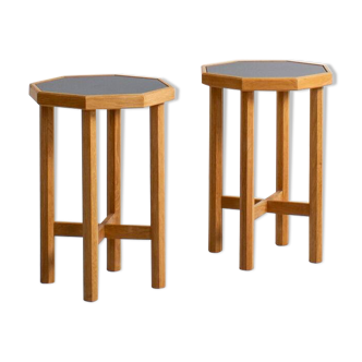 Pair of oak pedestal tables or stools with Fenix laminate