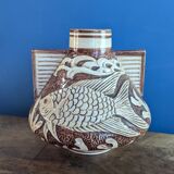 Vase poissons marron ancien années 1940 numéroté 63 18cm