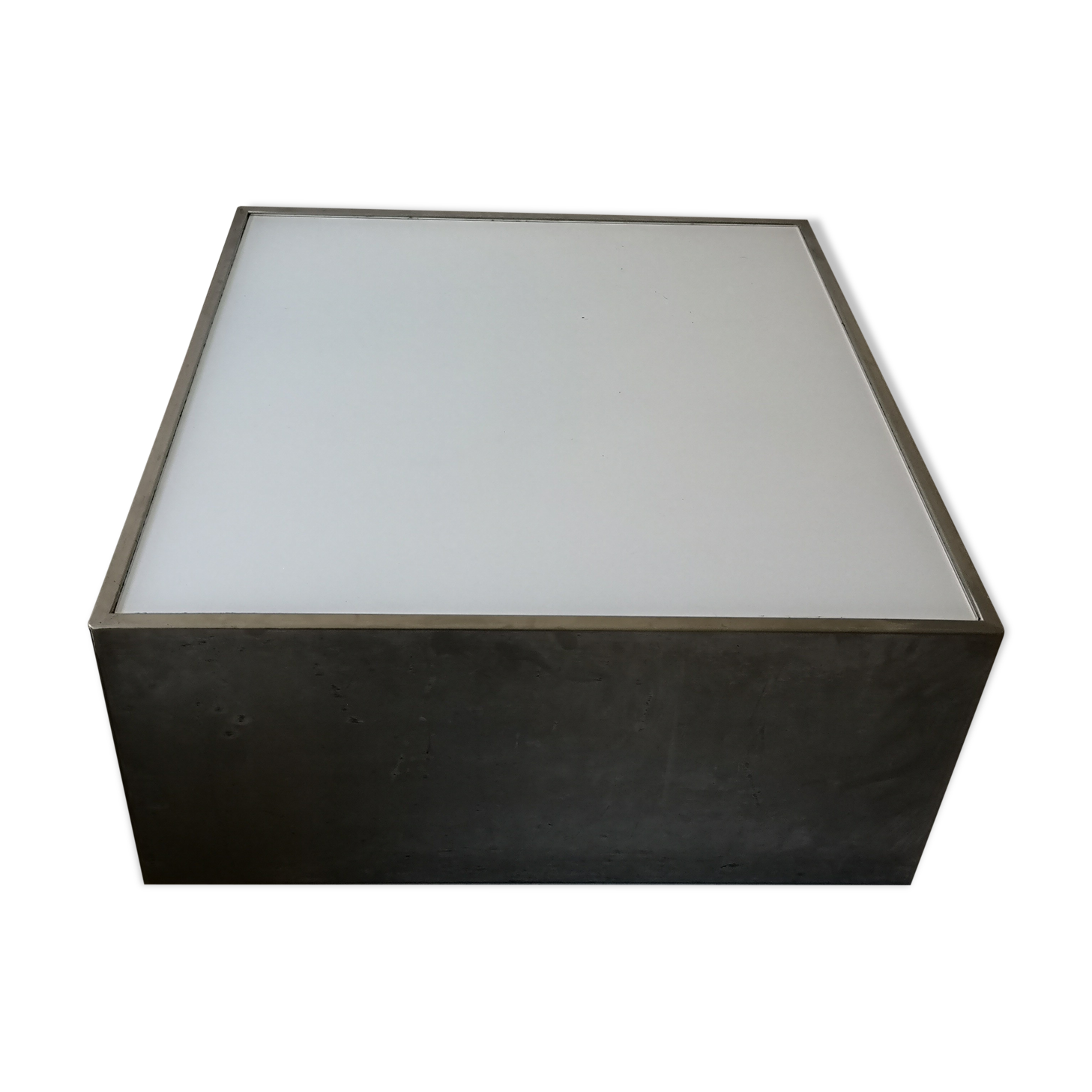 Square block coffee table white glass and metal, cube design 1970