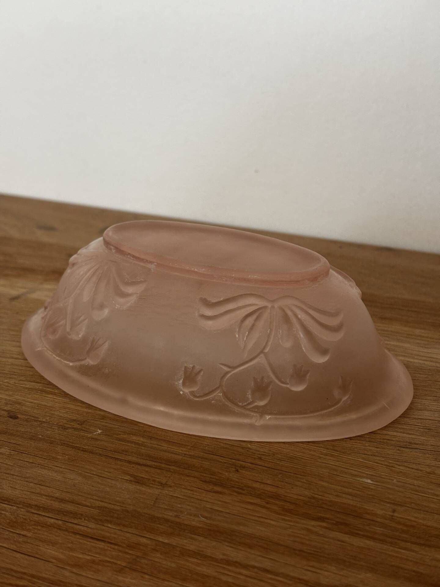 Art Deco soap dish, moulded glass, pink lilies of the valley.
