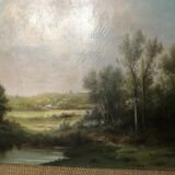 Grand tableau de paysage paisible du 19e signé Lenglet