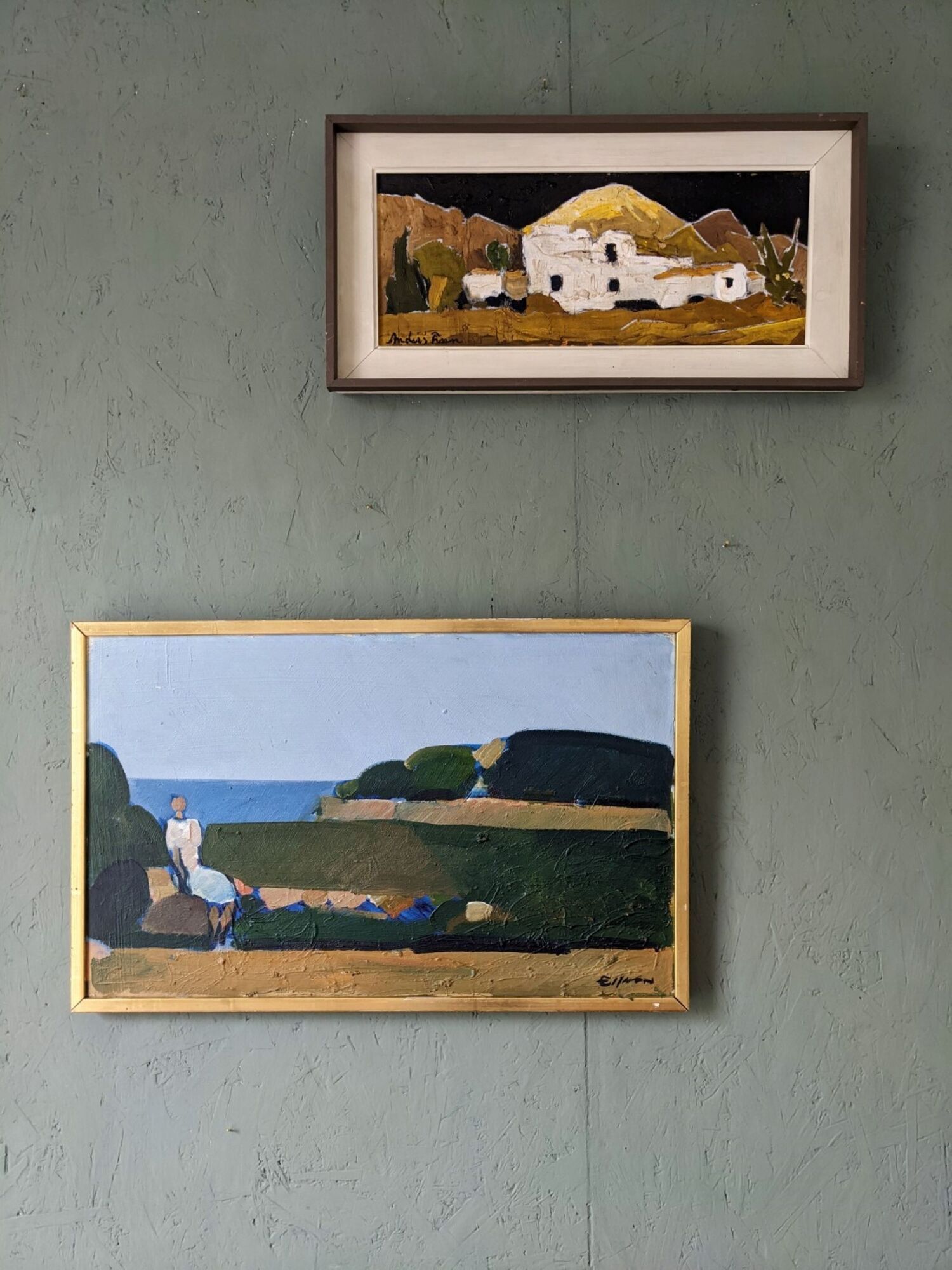Mid-Century Modern Swedish Oil Painting "Coastal Musing" Framed Landscape