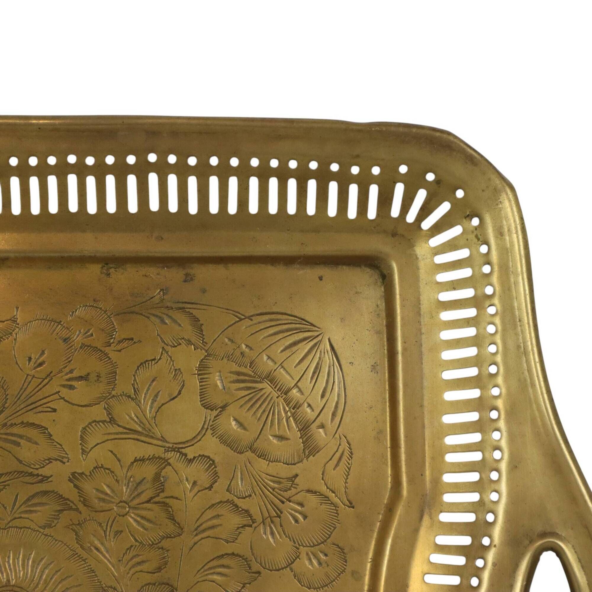 Vintage Oriental Brass Tray with Floral Decoration, 50 cm