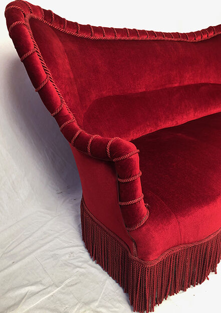 Napoleon III confidant sofa, red velvet trim redone