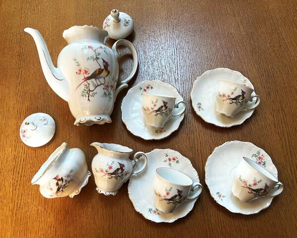 Service à café porcelaine blanche Seltmann Weiden Bavaria oiseau du paradis