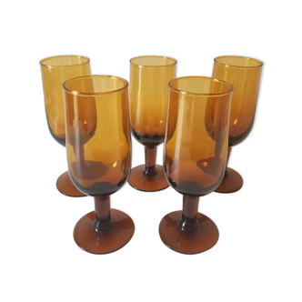 Set of 5 small amber glass flutes