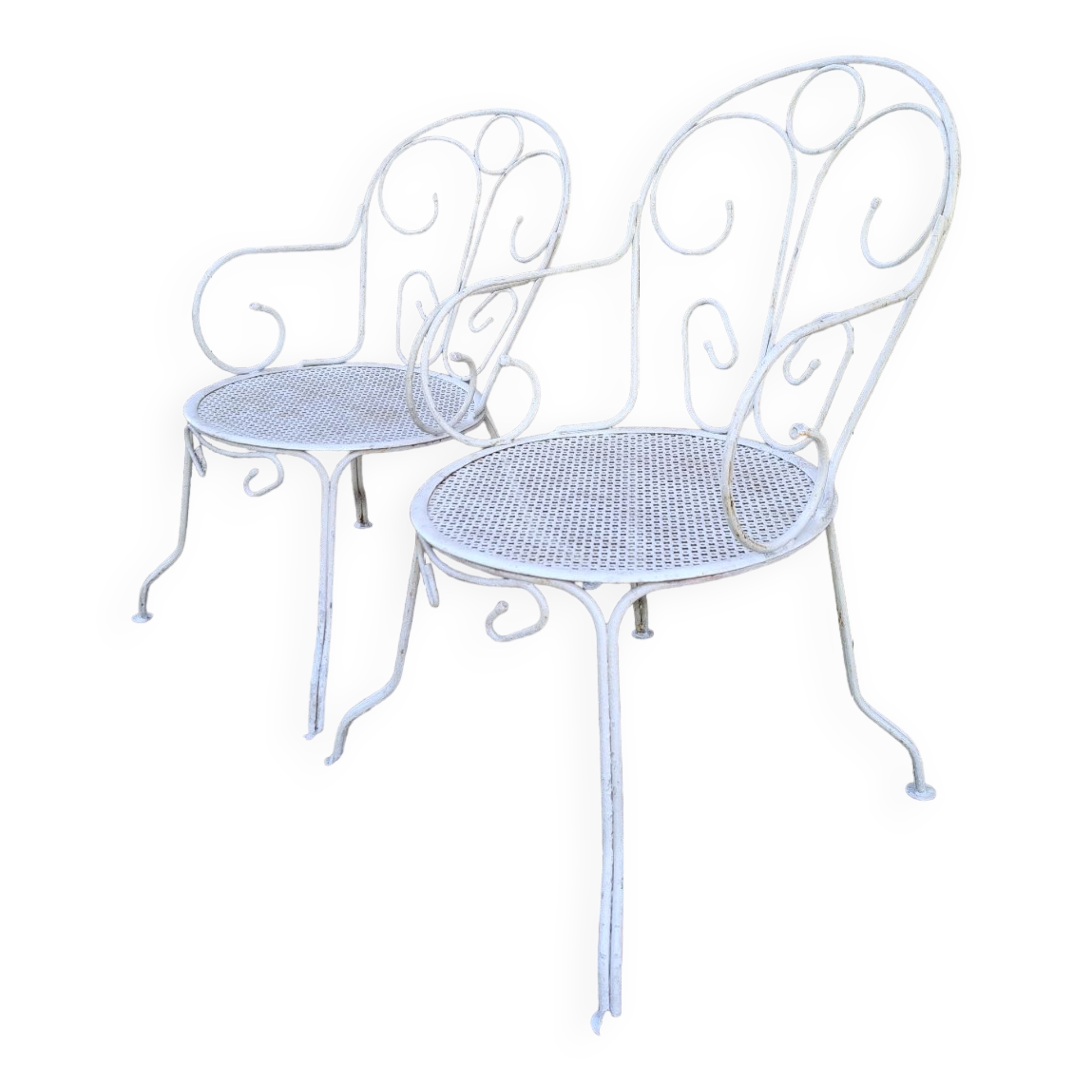 Pair of old white iron armchairs
