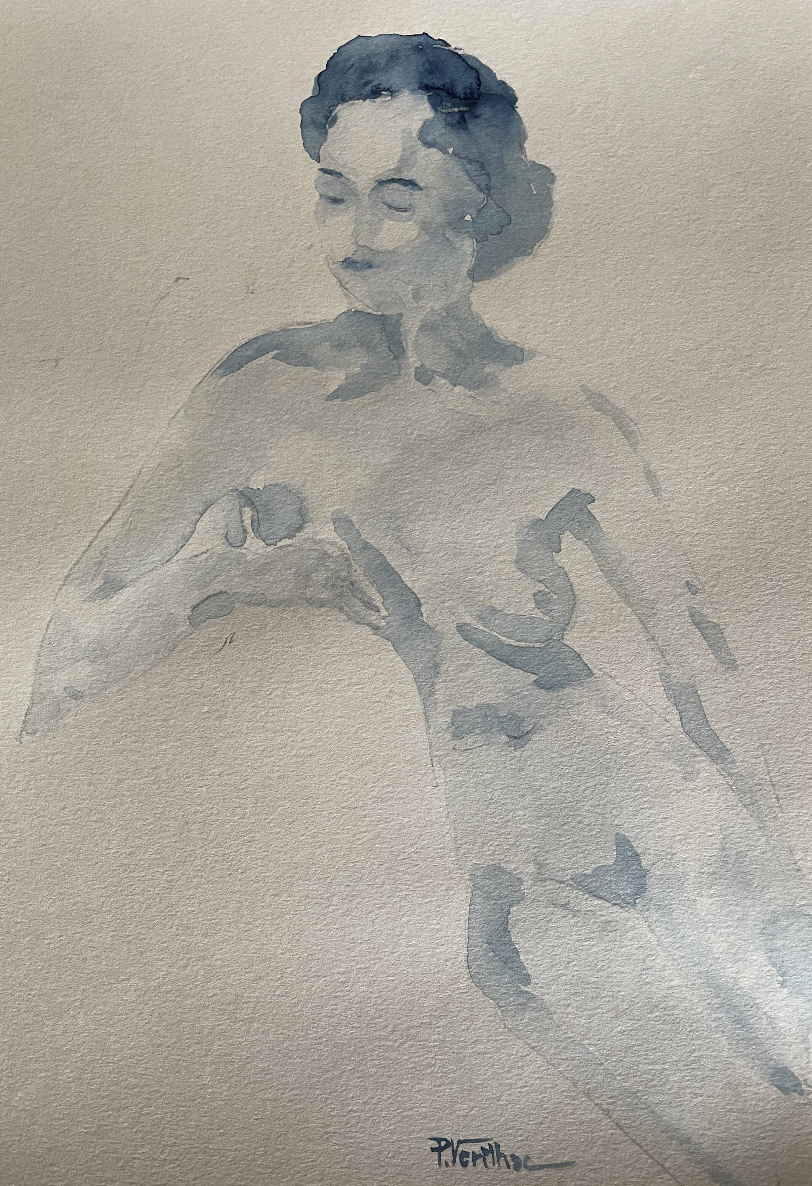 Painting signed monochrome blue black watercolor “seated woman”