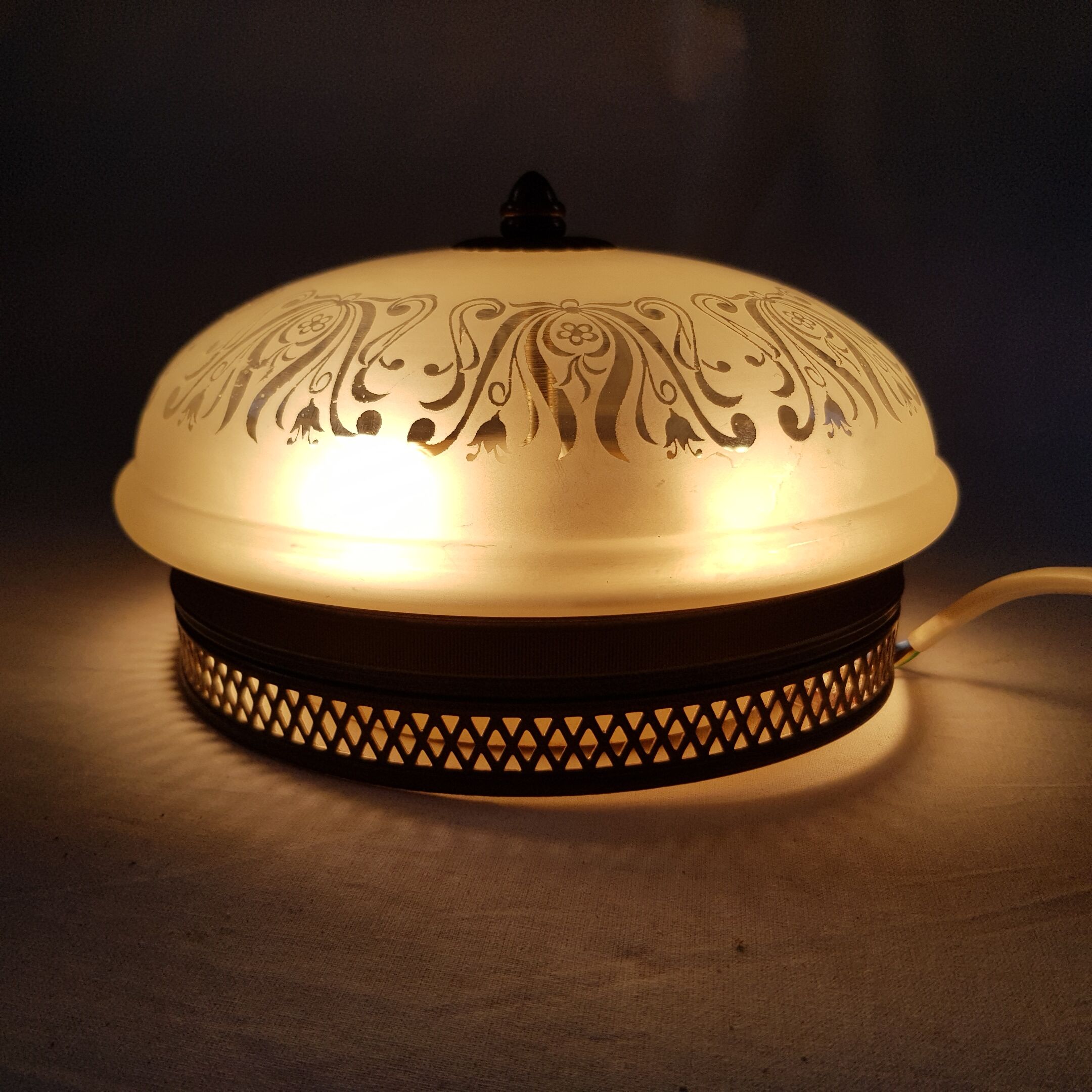 Glass globe ceiling lamp frosted pattern and brass opened frame