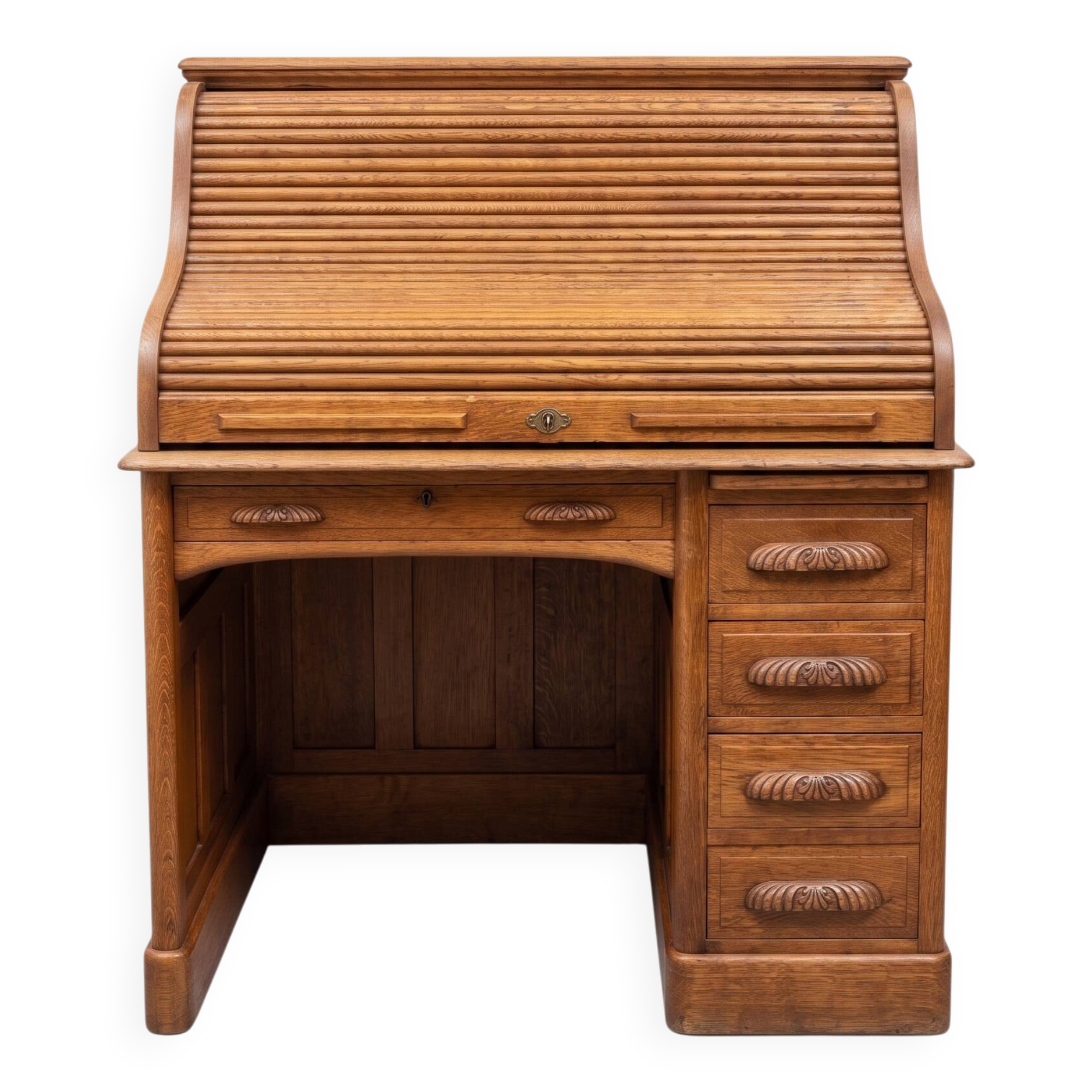 Oak desk with sliding door and leather wood chair.