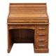 Oak desk with sliding door and leather wood chair.