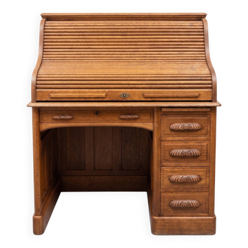 Bureau chêne avec volet coulissant et chaise bois cuir