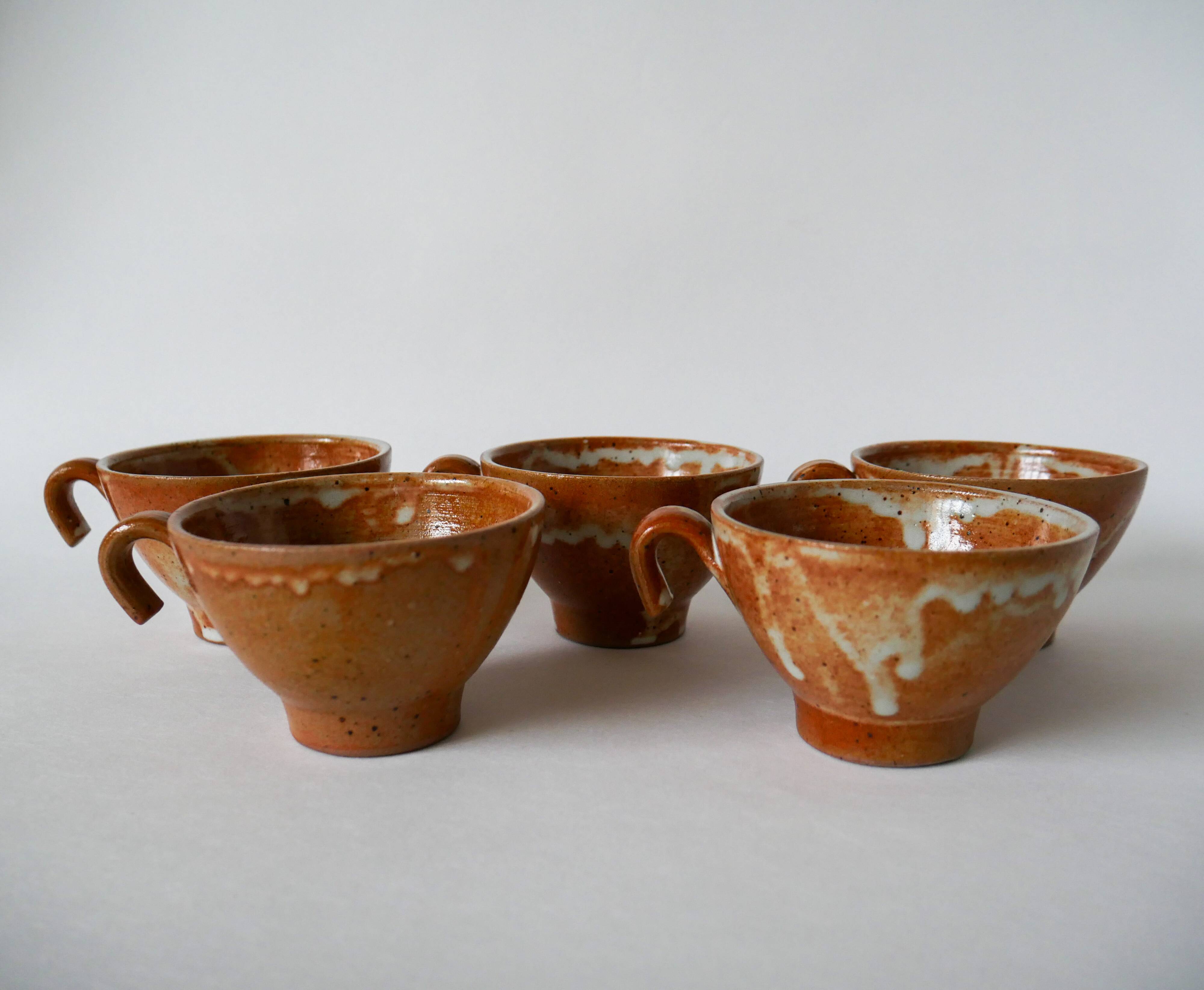Set of 5 glazed stoneware tea cups 1970