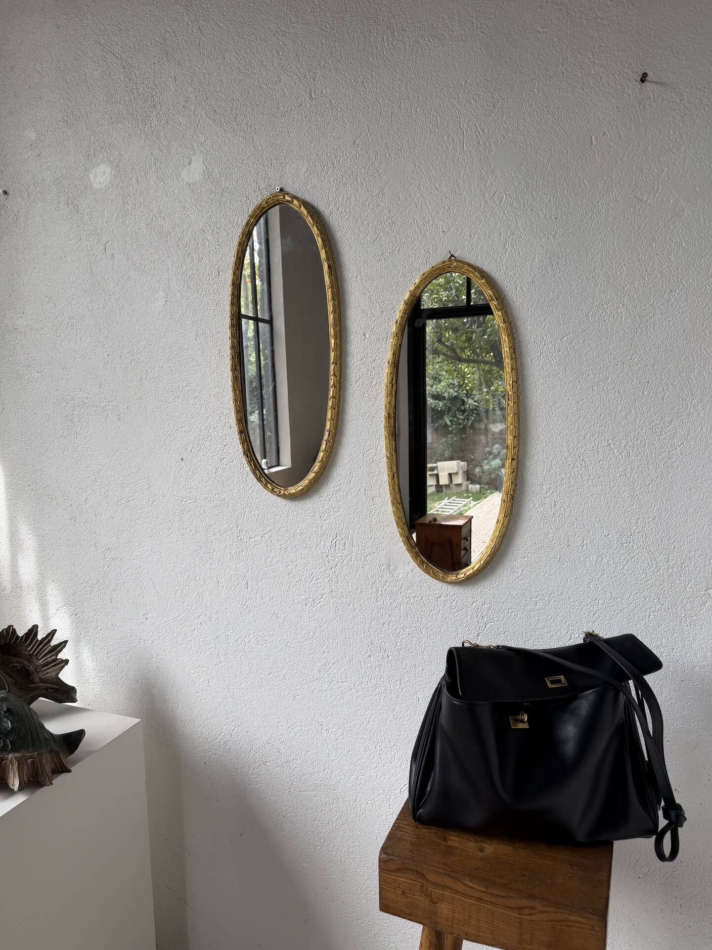 Pair of oval mirrors 1900 gilded stucco
