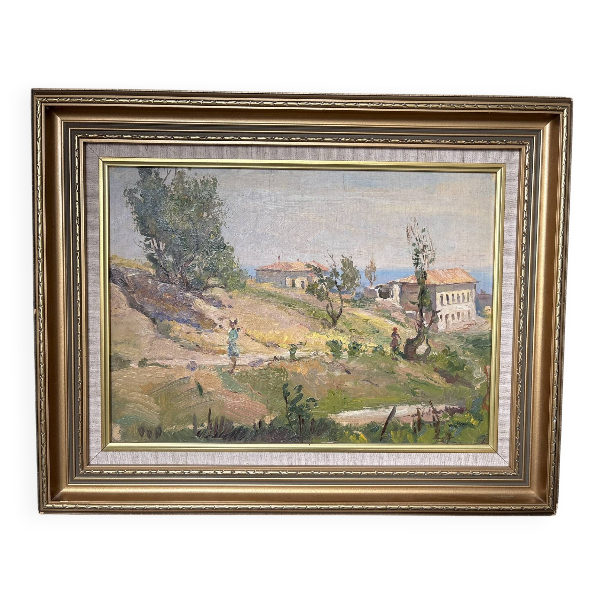 Old Oil Painting on Cardboard Landscape Provence Italy Mediterranean Caucasus So
