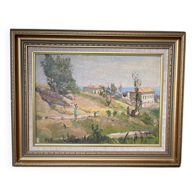 Ancien Tableau Huile Carton Paysage Provence Italie Méditerranée Caucase So