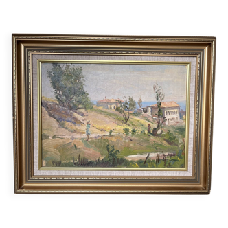 Old Oil Painting on Cardboard Landscape Provence Italy Mediterranean Caucasus So