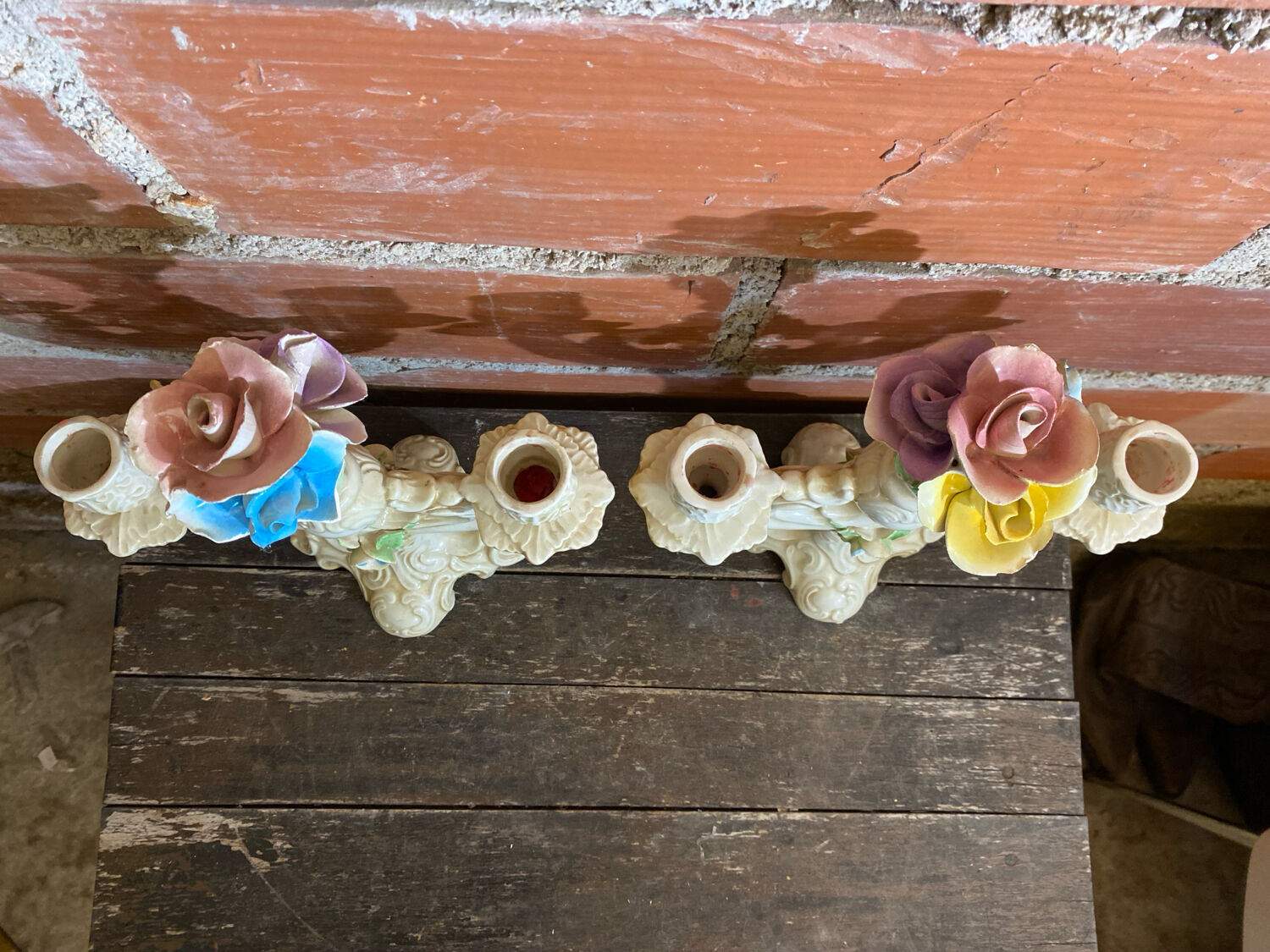 Pair of Double Candelabra Candle Holders CAPODIMONTE Polychrome Ceramic