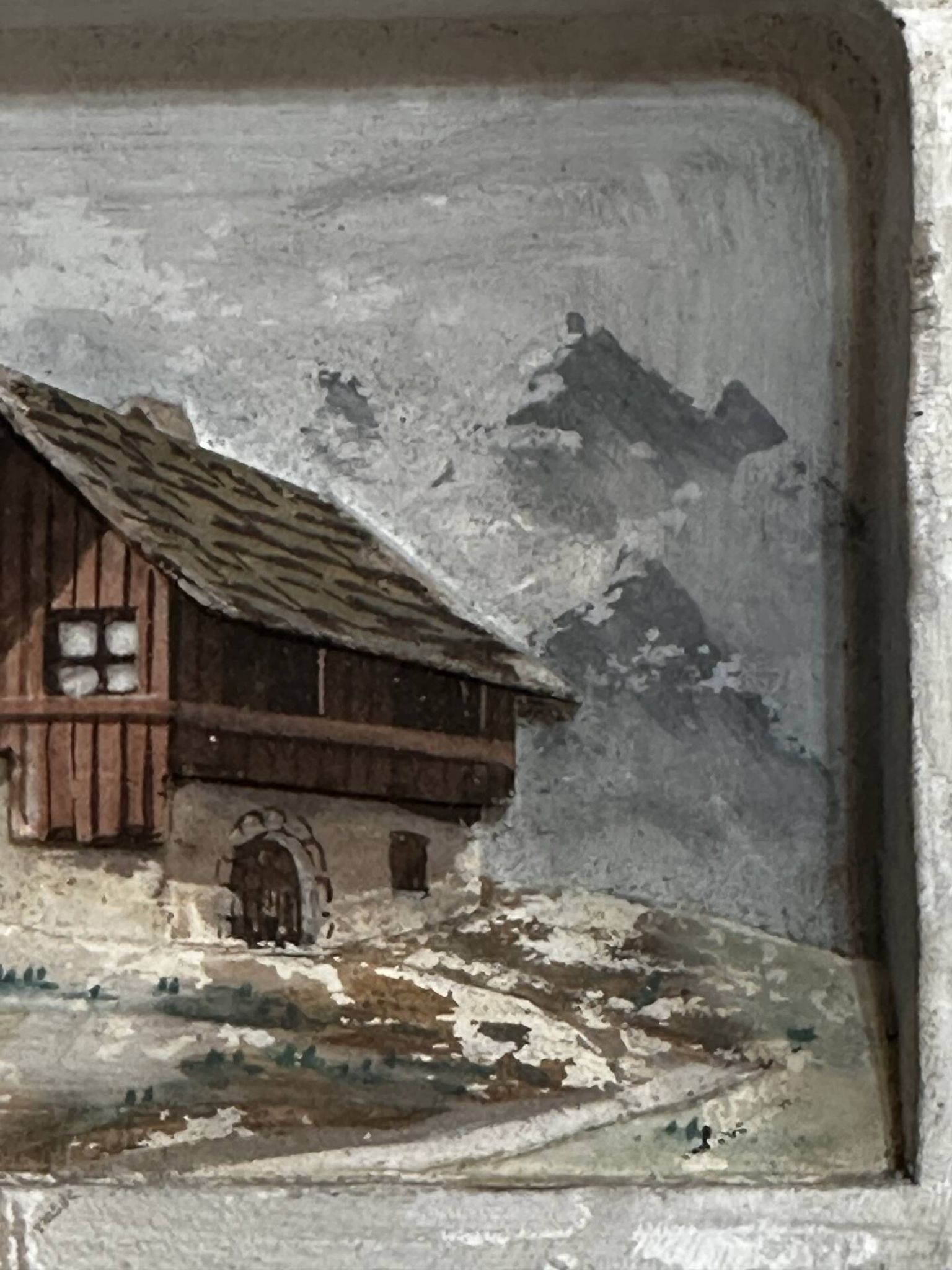 Tableau alpin vintage en bois sculpté et peint