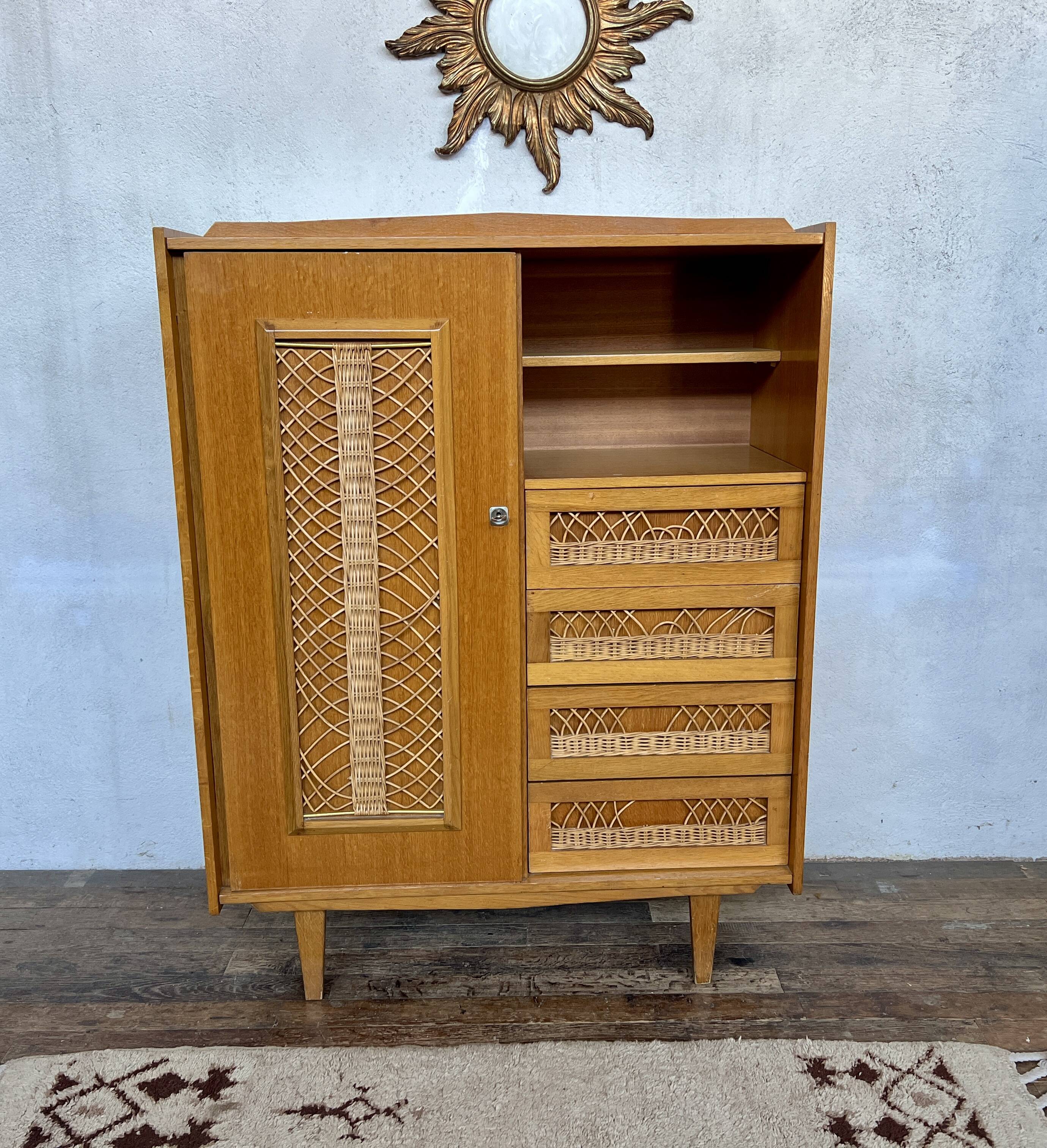🌿 Vintage wood & cane wardrobe – Scandinavian style ✨