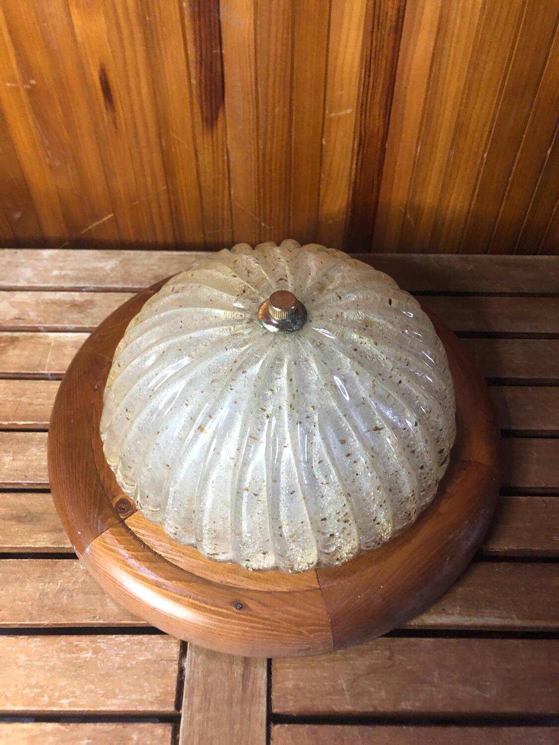 Old golden bubble glass ceiling light + vintage wood contour #a390