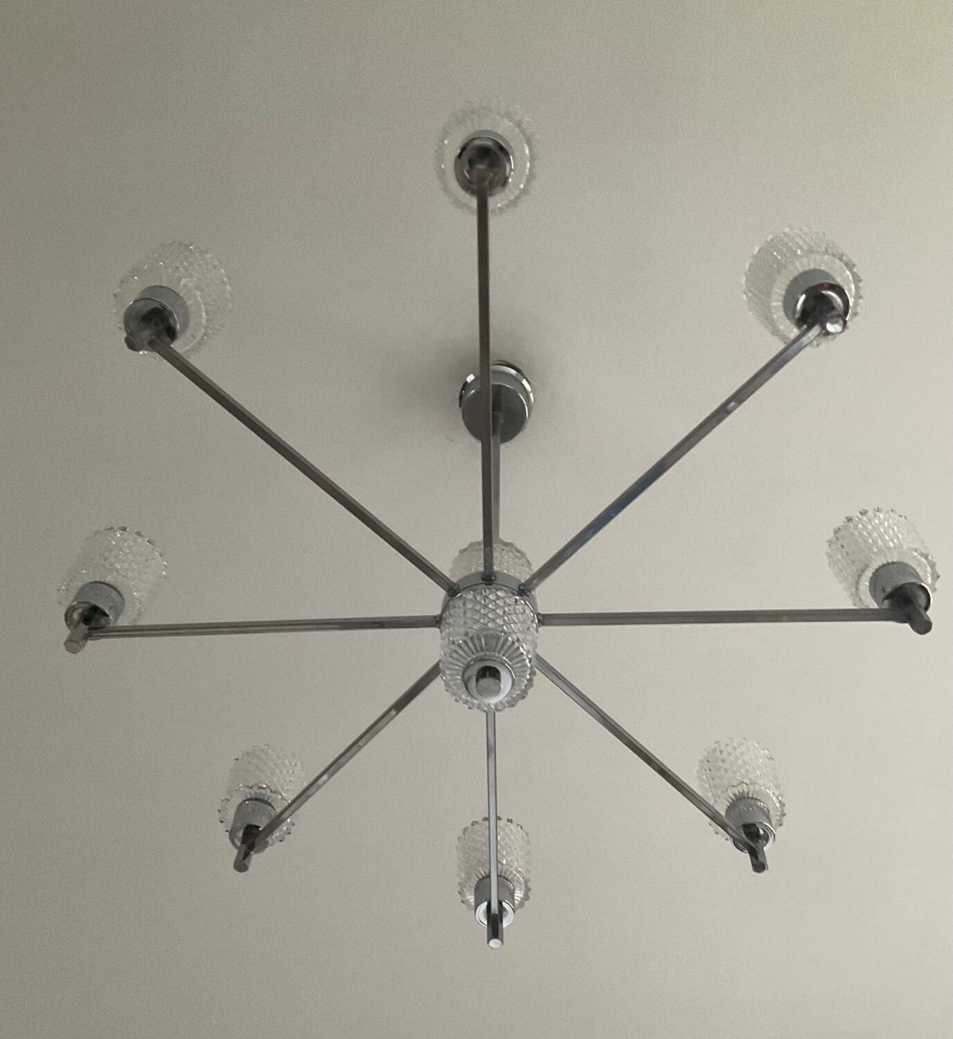 Vintage Italian chandelier from the 60s in chromed metal and glass