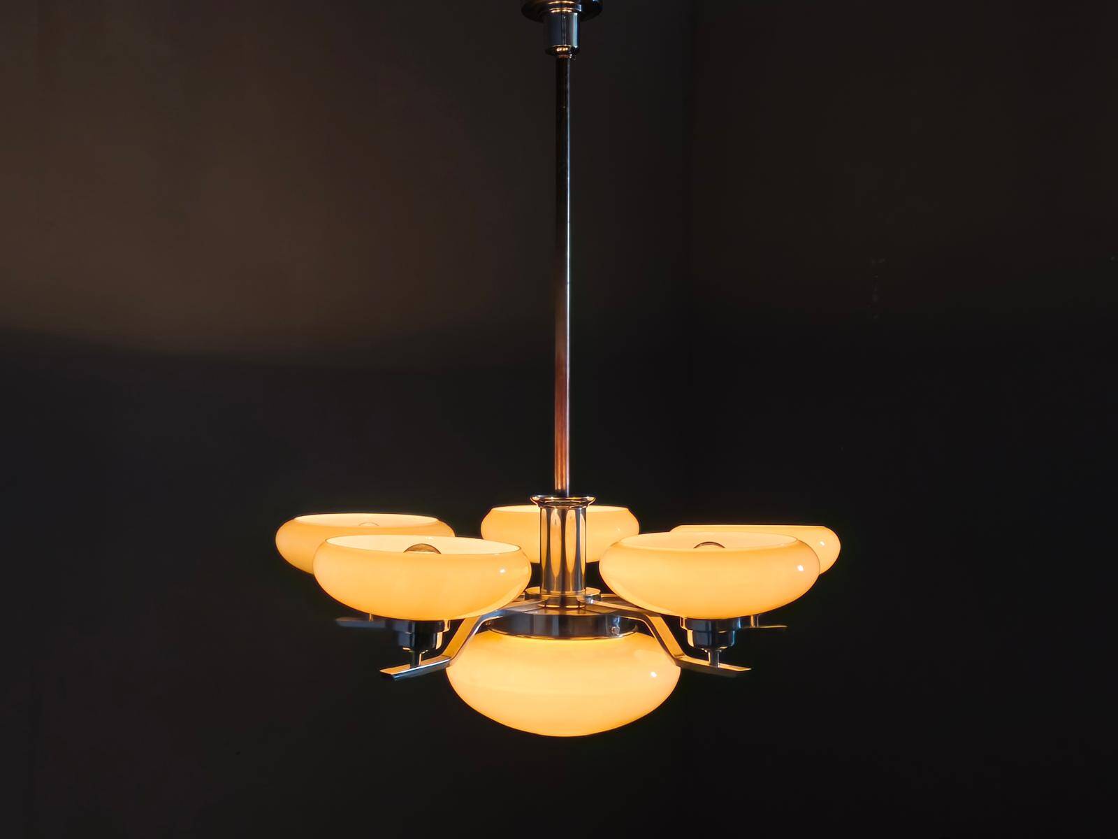 Art Deco Chrome Chandelier with Six Opaline Glass Shades, 1930s