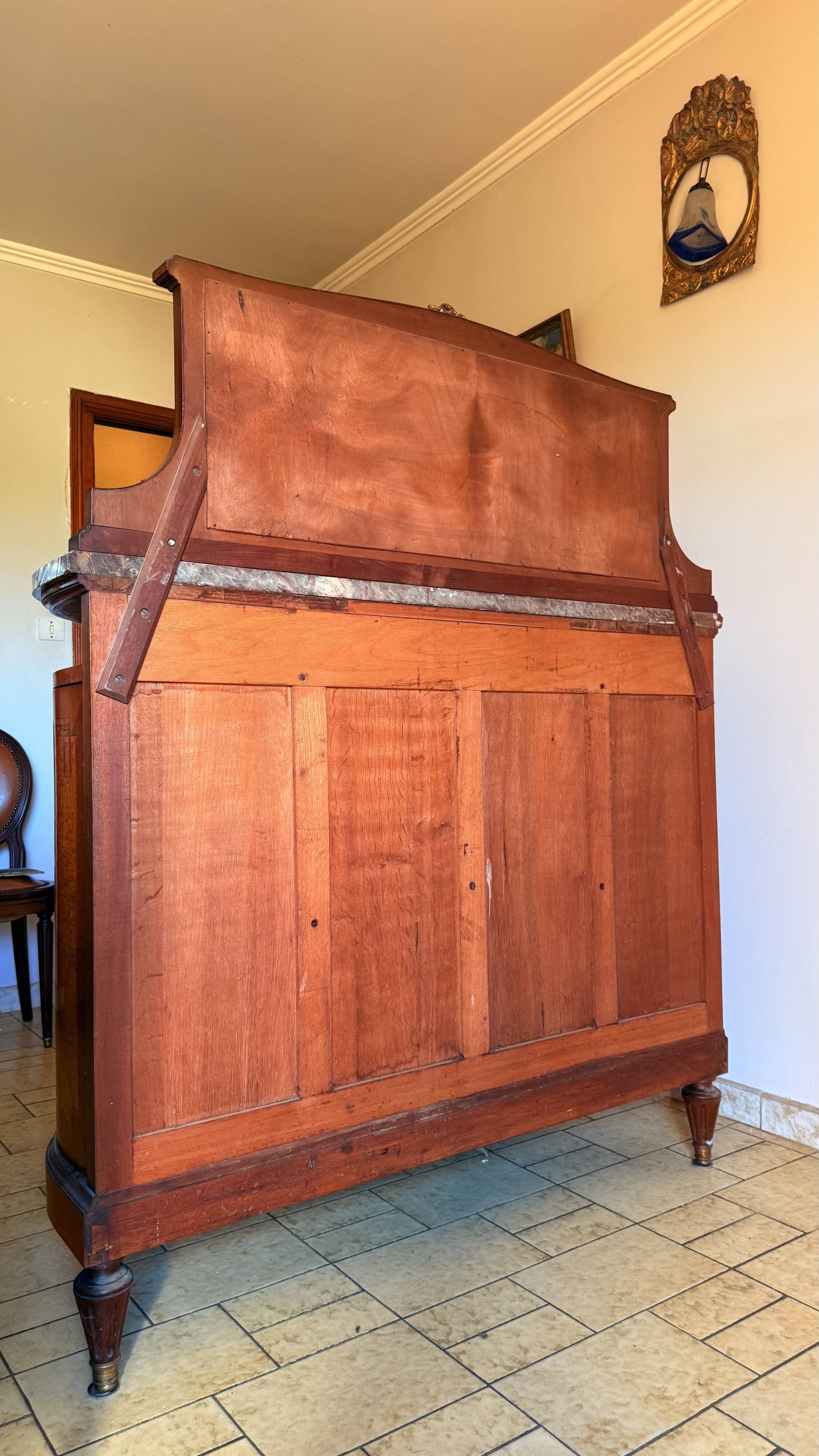 Rare antique buffet with marble, bronze, and marquetry in the Louis XVI style.