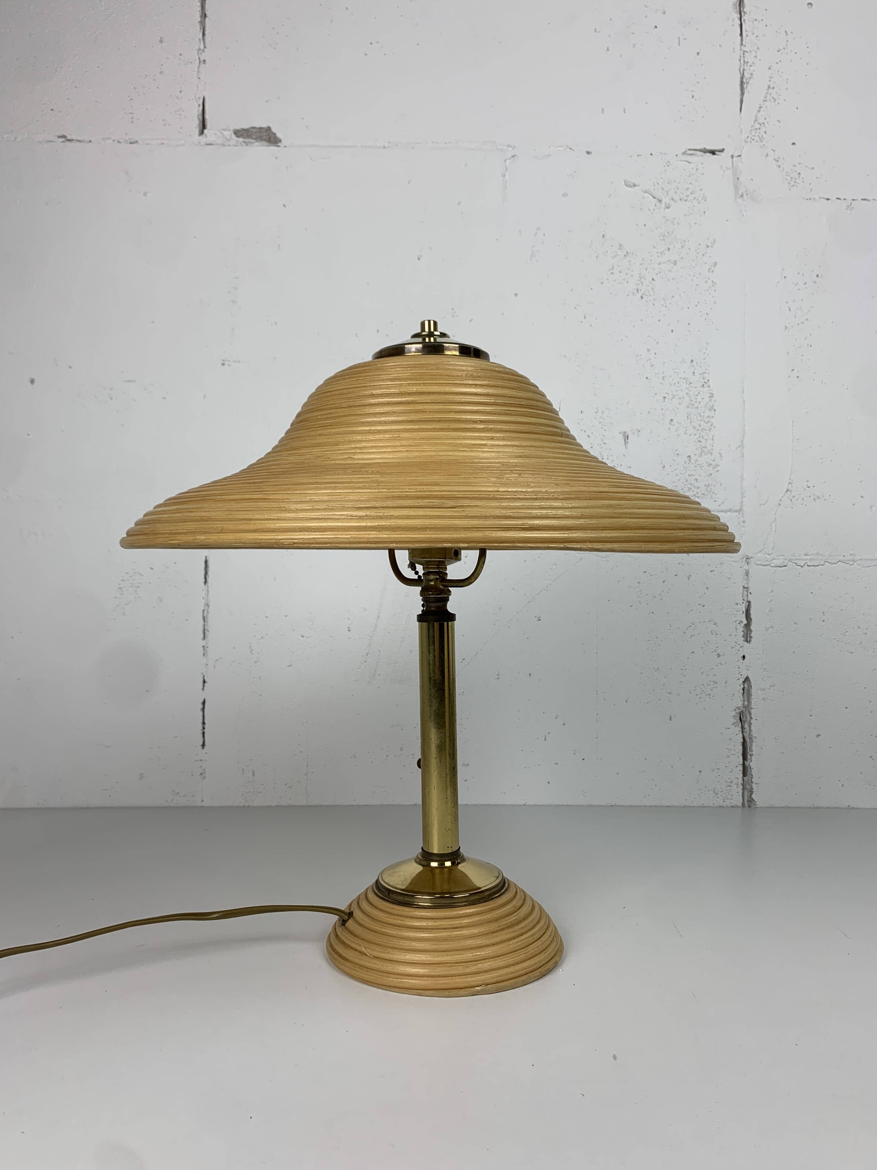 Pencil reed rattan bamboo and brass table lamp, Italy, 1970s