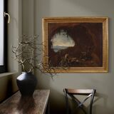 Antique Genoese painting from the 18th century, monks praying in a cave