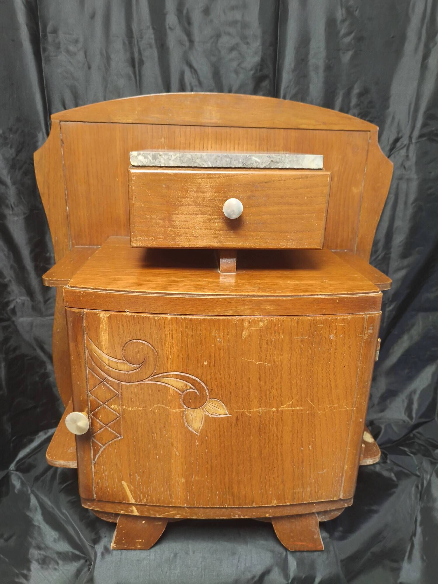Art Deco bedside table from the 1930s, wooden marble vintage nightstand.