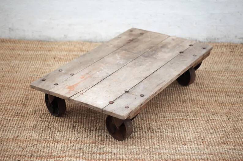 Vintage trolley coffee table, industrial wooden table on wheels, decor.